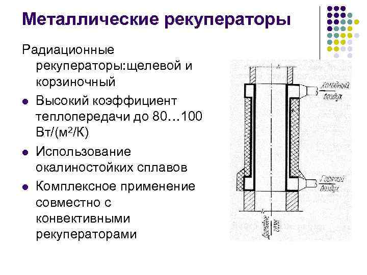 Металлические рекуператоры Радиационные рекуператоры: щелевой и корзиночный l Высокий коэффициент теплопередачи до 80… 100