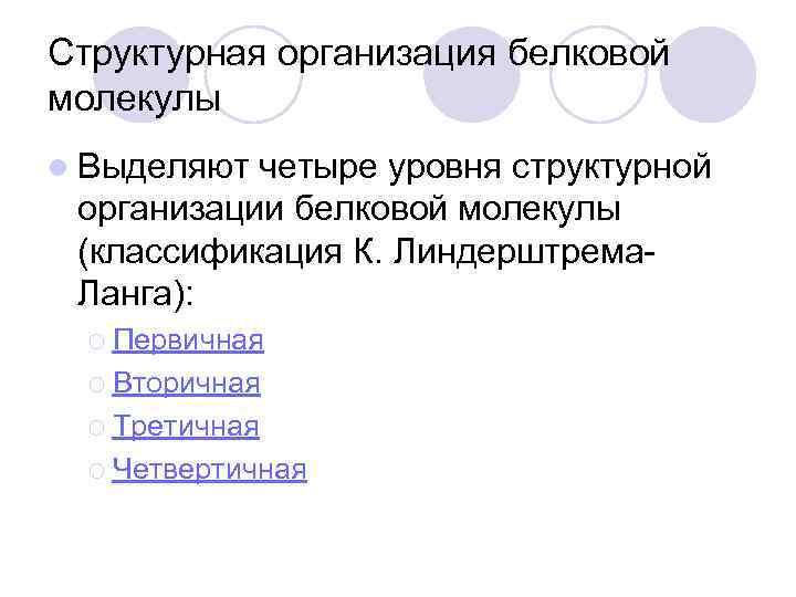Структурная организация белковой молекулы l Выделяют четыре уровня структурной организации белковой молекулы (классификация К.