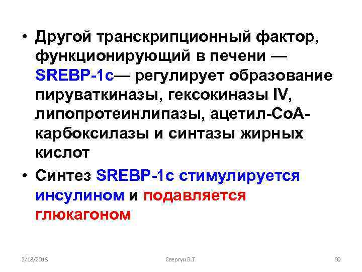  • Другой транскрипционный фактор, функционирующий в печени — SREBP-1 c— регулирует образование пируваткиназы,