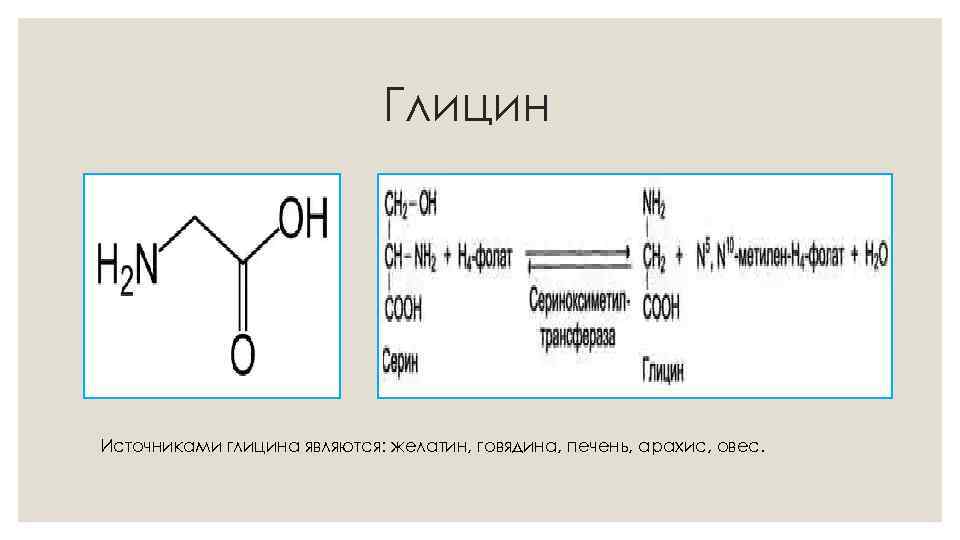 Глицин Источниками глицина являются: желатин, говядина, печень, арахис, овес. 