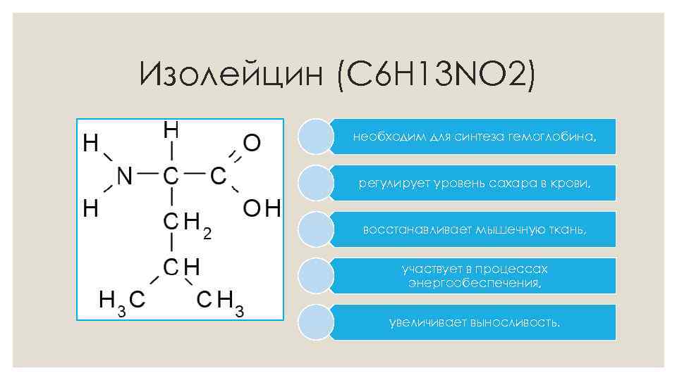 Изолейцин (C 6 H 13 NO 2) необходим для синтеза гемоглобина, регулирует уровень сахара