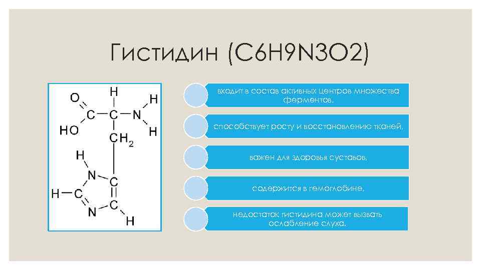 Гистидин (C 6 H 9 N 3 O 2) входит в состав активных центров