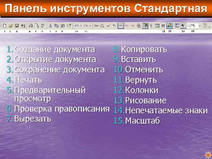 Панель инструментов Стандартная 1. Создание документа 2. Открытие документа 3. Сохранение документа 4. Печать