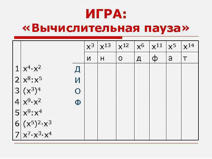 ИГРА: «Вычислительная пауза» x 3 x 12 x 6 x 11 x 5 x