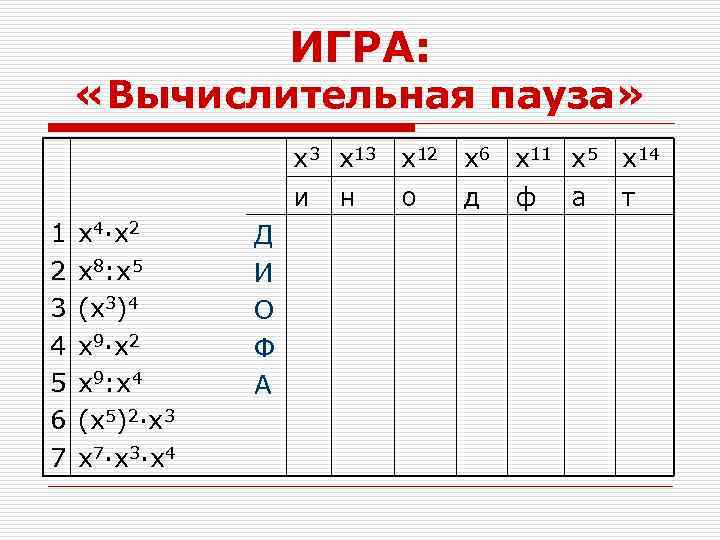 ИГРА: «Вычислительная пауза» x 3 x 12 x 6 x 11 x 5 x