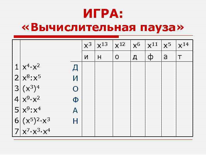 ИГРА: «Вычислительная пауза» x 3 x 12 x 6 x 11 x 5 x