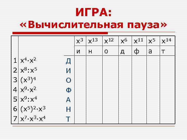ИГРА: «Вычислительная пауза» x 3 x 12 x 6 x 11 x 5 x