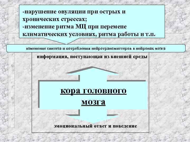 -нарушение овуляции при острых и хронических стрессах; -изменение ритма МЦ при перемене климатических условиях,