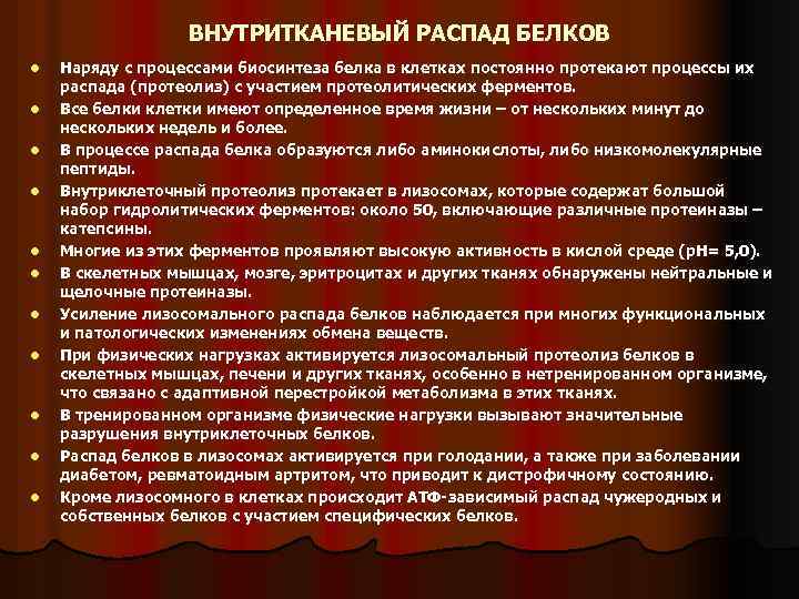 ВНУТРИТКАНЕВЫЙ РАСПАД БЕЛКОВ l l l Наряду с процессами биосинтеза белка в клетках постоянно