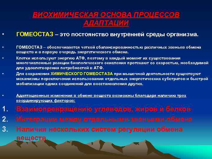 БИОХИМИЧЕСКАЯ ОСНОВА ПРОЦЕССОВ АДАПТАЦИИ • ГОМЕОСТАЗ – это постоянство внутренней среды организма. • ГОМЕОСТАЗ