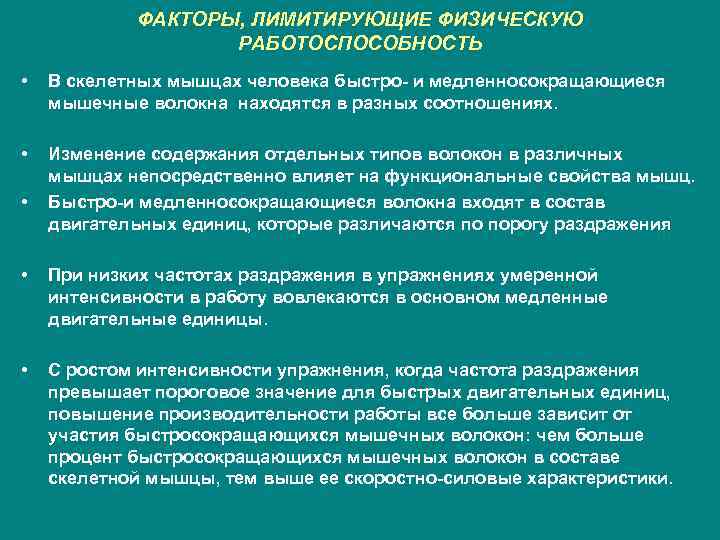 ФАКТОРЫ, ЛИМИТИРУЮЩИЕ ФИЗИЧЕСКУЮ РАБОТОСПОСОБНОСТЬ • В скелетных мышцах человека быстро- и медленносокращающиеся мышечные волокна