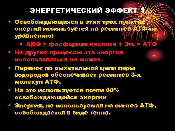 ЭНЕРГЕТИЧЕСКИЙ ЭФФЕКТ 1 • Освобождающаяся в этих трех пунктах энергия используется на ресинтез АТФ