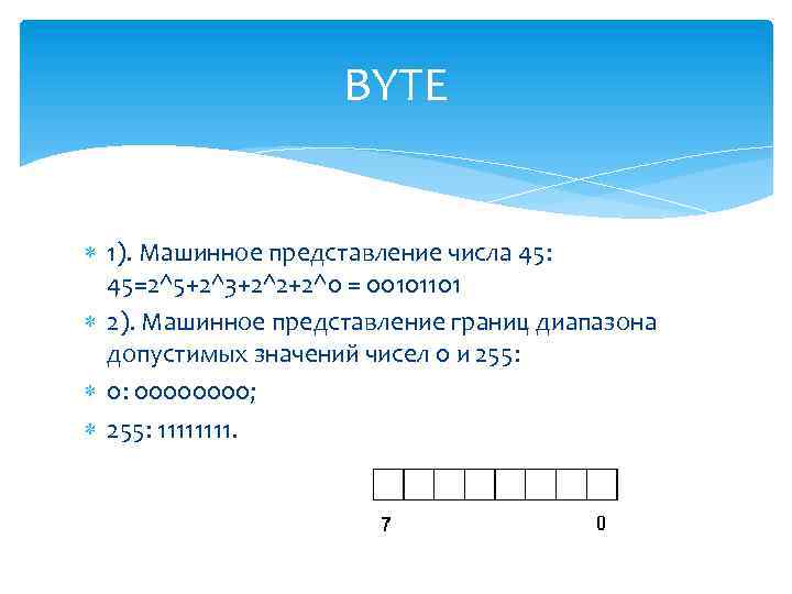 BYTE 1). Машинное представление числа 45: 45=2^5+2^3+2^2+2^0 = 00101101 2). Машинное представление границ диапазона