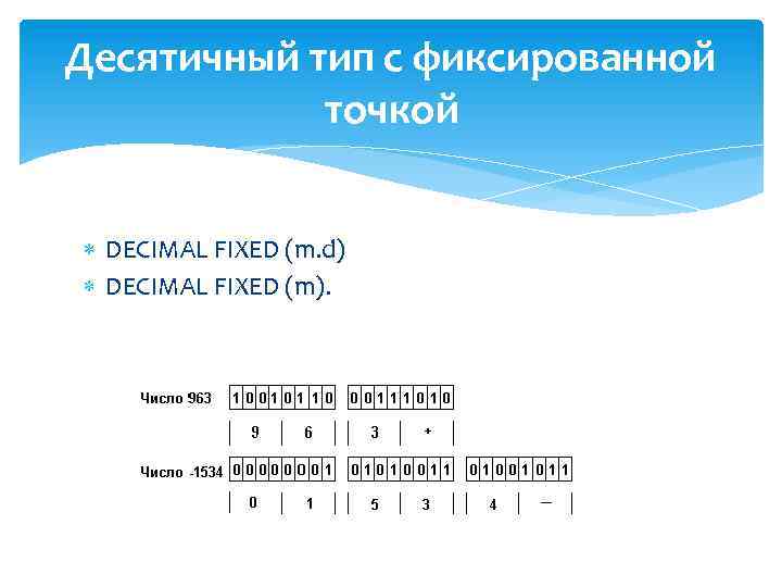 Десятичный тип с фиксированной точкой DECIMAL FIXED (m. d) DECIMAL FIXED (m). 