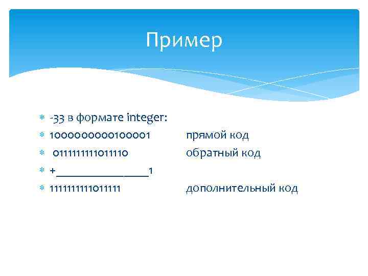 Пример -33 в формате integer: 100000100001 011111011110 +________1 11111011111 прямой код обратный код дополнительный