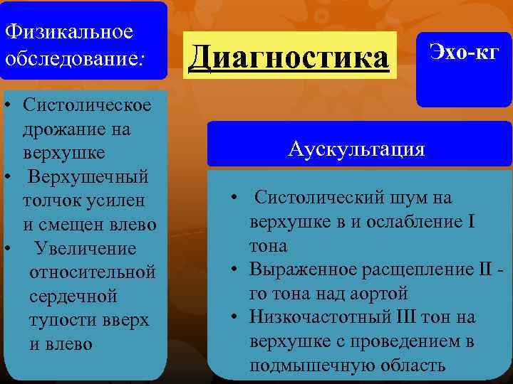 Физикальное обследование: • Систолическое дрожание на верхушке • Верхушечный толчок усилен и смещен влево