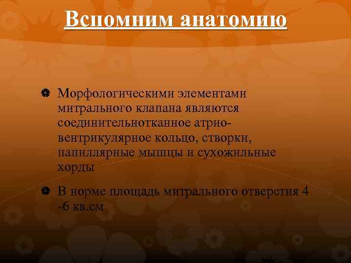 Вспомним анатомию Морфологическими элементами митрального клапана являются соединительнотканное атриовентрикулярное кольцо, створки, папиллярные мышцы и