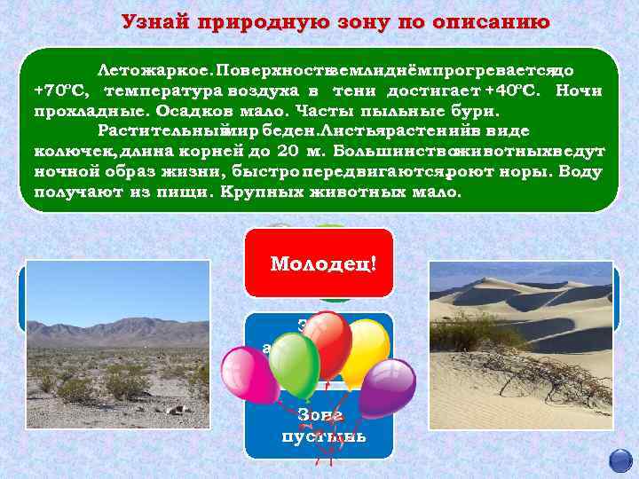 Узнай природную зону по описанию Лето жаркое. Поверхность землиднёмпрогревается до +70ºС, температура воздуха в