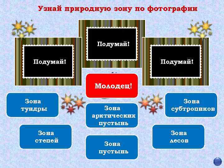 Узнай природную зону по фотографии Подумай! Молодец! Зона тундры Зона степей Зона арктических пустынь