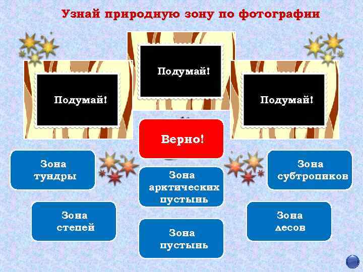 Узнай природную зону по фотографии Подумай! Верно! Зона тундры Зона степей Зона арктических пустынь
