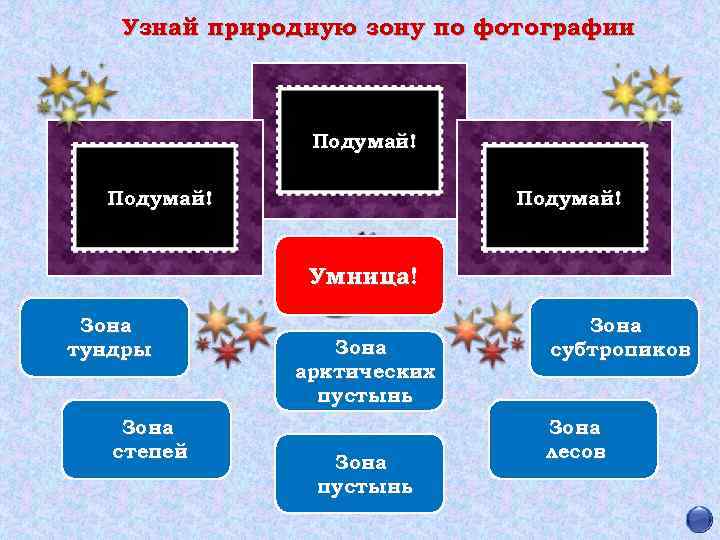 Узнай природную зону по фотографии Подумай! Умница! Зона тундры Зона степей Зона арктических пустынь