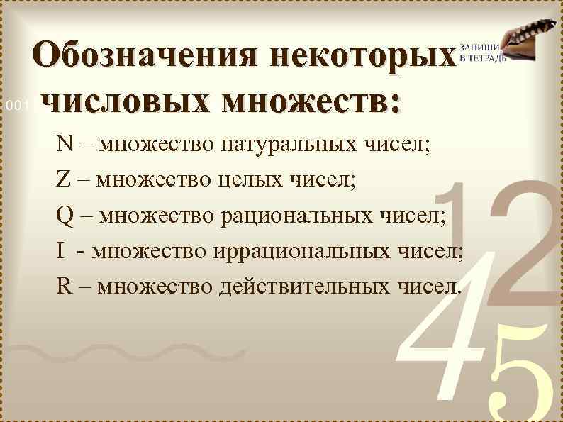 Обозначения некоторых числовых множеств: N – множество натуральных чисел; Z – множество целых чисел;