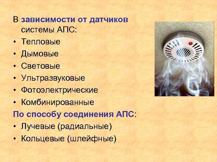 В зависимости от датчиков системы АПС: • Тепловые • Дымовые • Световые • Ультразвуковые