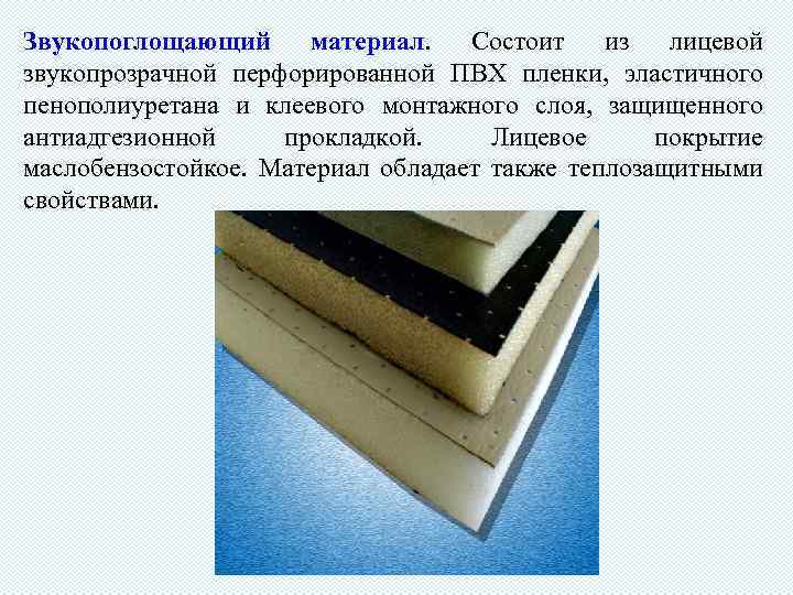 Звукопоглощающий материал. Состоит из лицевой звукопрозрачной перфорированной ПВХ пленки, эластичного пенополиуретана и клеевого монтажного