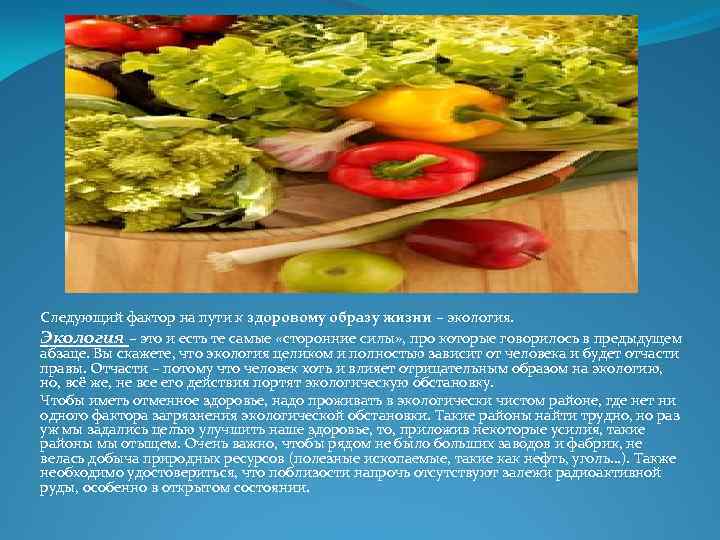 Следующий фактор на пути к здоровому образу жизни – экология. Экология – это и