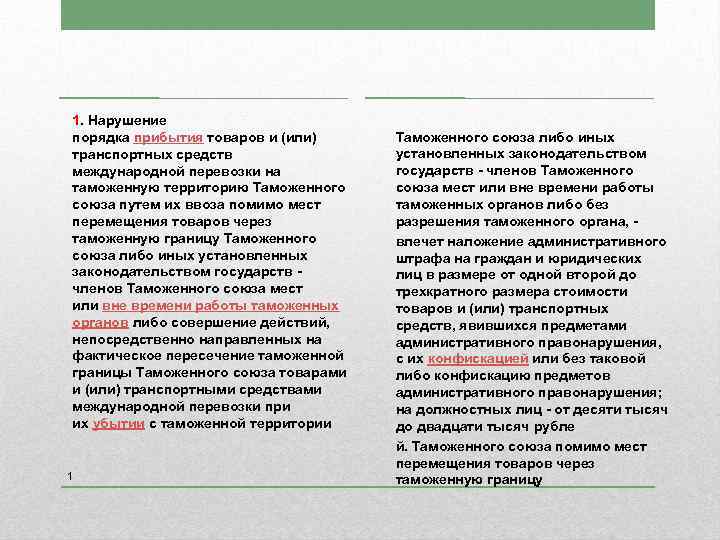 1. Нарушение порядка прибытия товаров и (или) транспортных средств международной перевозки на таможенную территорию