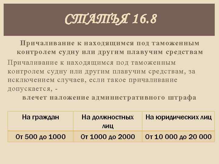 СТАТЬЯ 16. 8 Причаливание к находящимся под таможенным контролем судну или другим плавучим средствам,