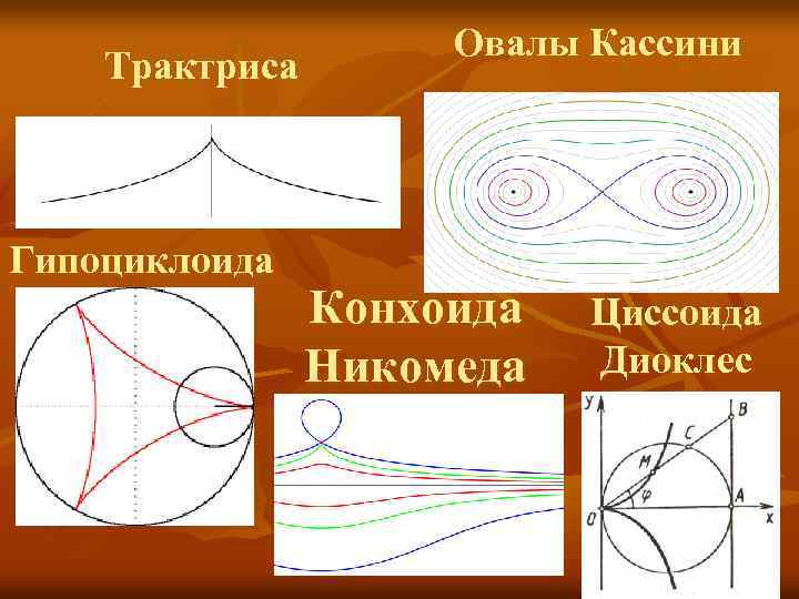 Трактриса Гипоциклоида Овалы Кассини Конхоида Никомеда Циссоида Диоклес 