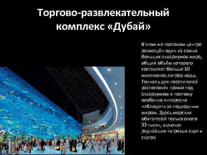 Торгово-развлекательный комплекс «Дубай» В этом же торговом центре размещён один из самых больших аквариумов