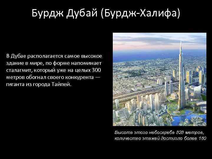 Бурдж Дубай (Бурдж-Халифа) В Дубае располагается самое высокое здание в мире, по форме напоминает