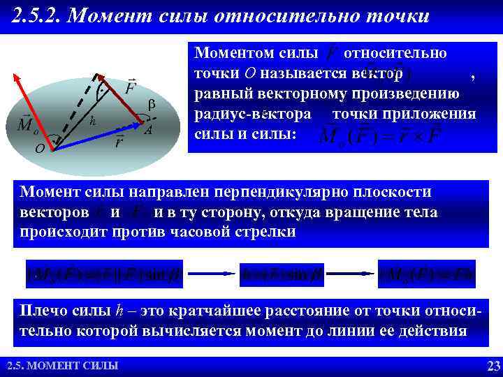 2. 5. 2. Момент силы относительно точки b h A O Моментом силы относительно