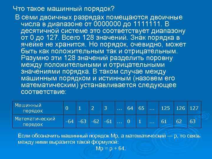 Что такое машинный порядок? В семи двоичных разрядах помещаются двоичные числа в диапазоне от