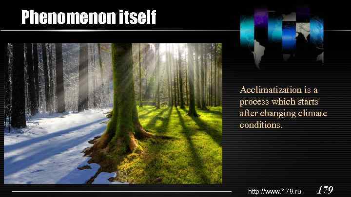 Phenomenon itself Acclimatization is a process which starts after changing climate conditions. http: //www.