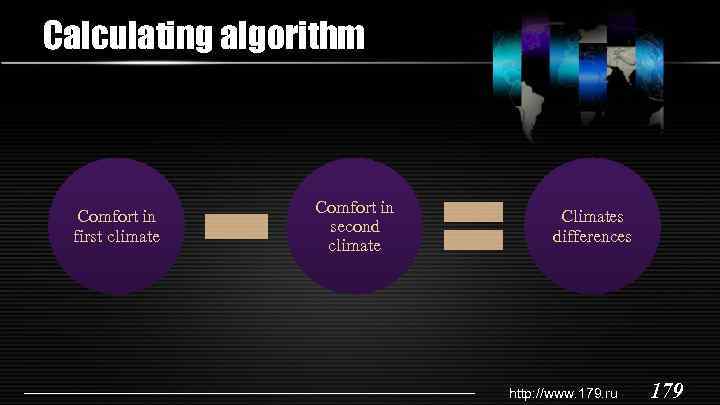 Calculating algorithm Comfort in first climate Comfort in second climate Climates differences http: //www.