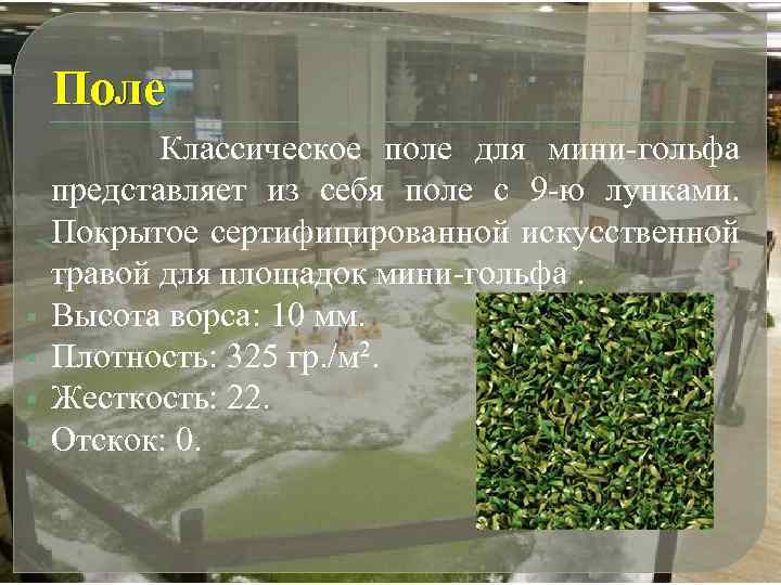 Поле Классическое поле для мини-гольфа представляет из себя поле с 9 -ю лунками. Покрытое