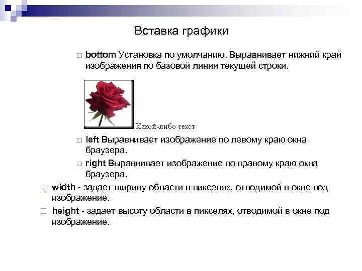 Вставка графики ¨ bottom Установка по умолчанию. Выравнивает нижний край изображения по базовой линии