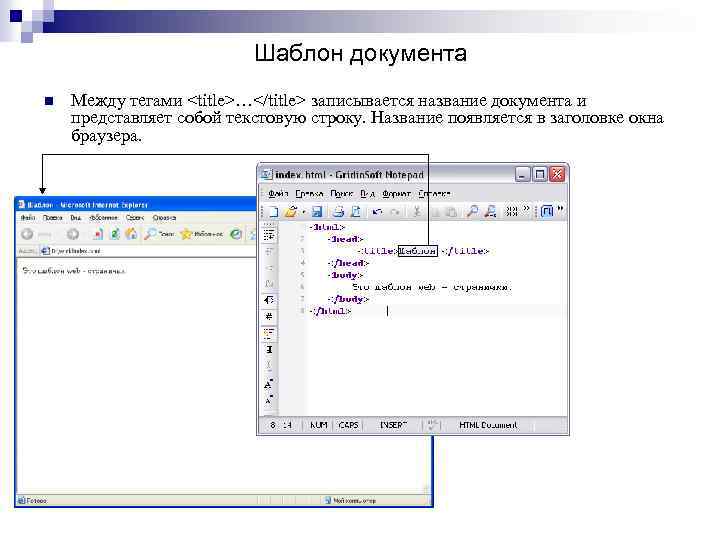 Шаблон документа n Между тегами <title>…</title> записывается название документа и представляет собой текстовую строку.