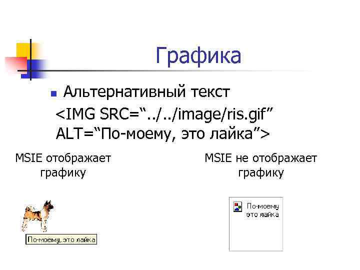 Графика Альтернативный текст <IMG SRC=“. . /image/ris. gif” ALT=“По-моему, это лайка”> n MSIE отображает