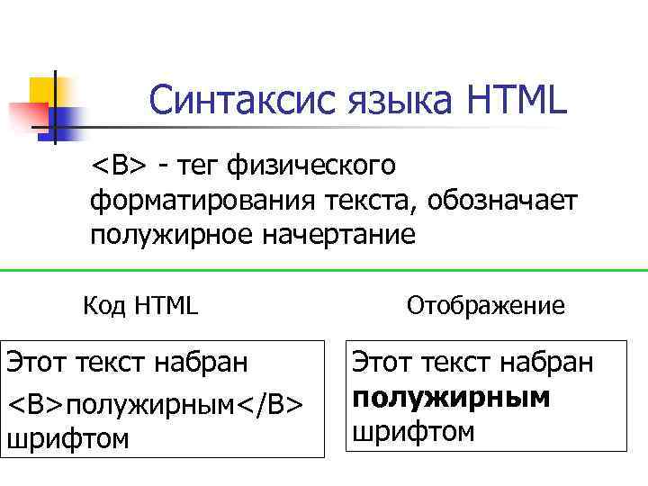 Синтаксис языка HTML <B> - тег физического форматирования текста, обозначает полужирное начертание Код HTML