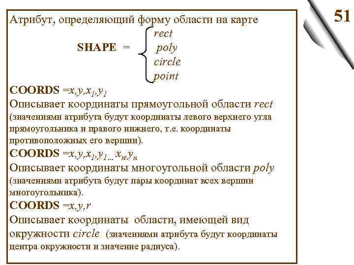 Атрибут, определяющий форму области на карте rect SHAPE = poly сircle point COORDS =x,