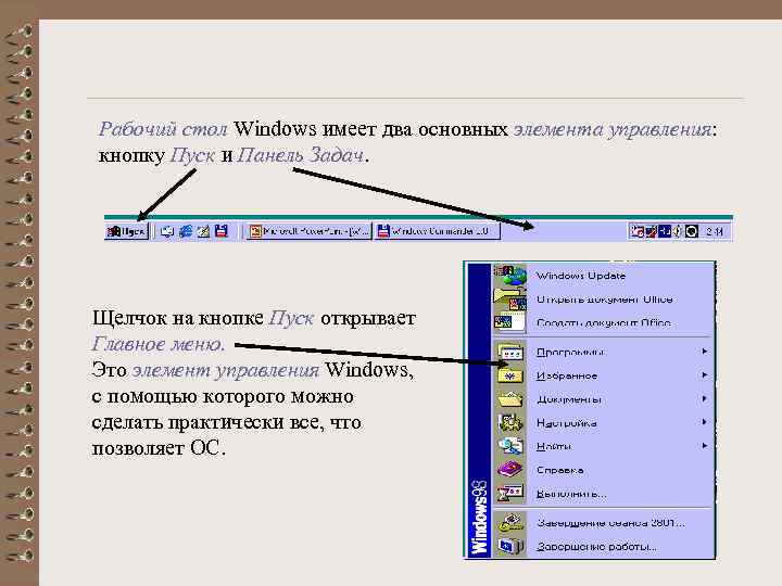 Рабочий стол Windows имеет два основных элемента управления: кнопку Пуск и Панель Задач. Щелчок