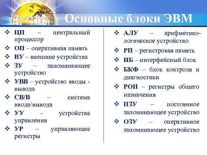 Основные блоки ЭВМ v ЦП – центральный процессор v ОП – оперативная память v