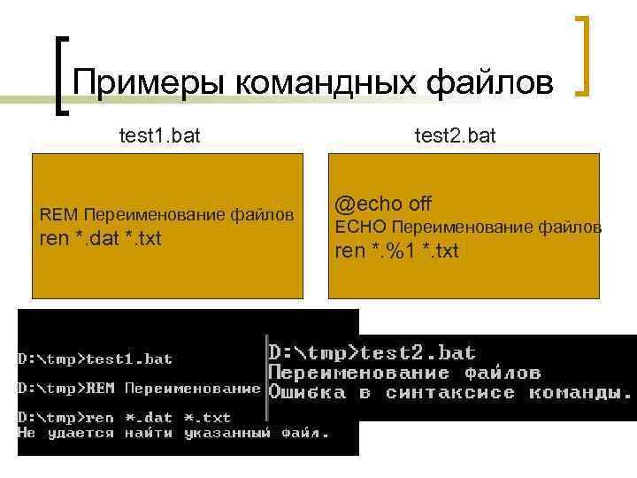 Примеры командных файлов test 1. bat REM Переименование файлов ren *. dat *. txt