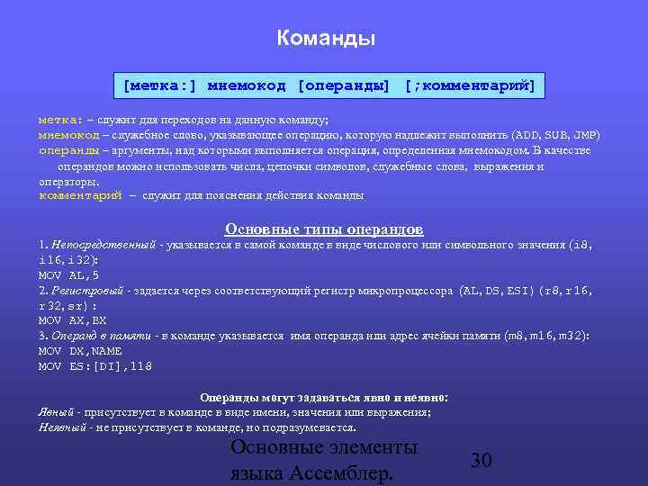 Команды [метка: ] мнемокод [операнды] [; комментарий] метка: – служит для переходов на данную