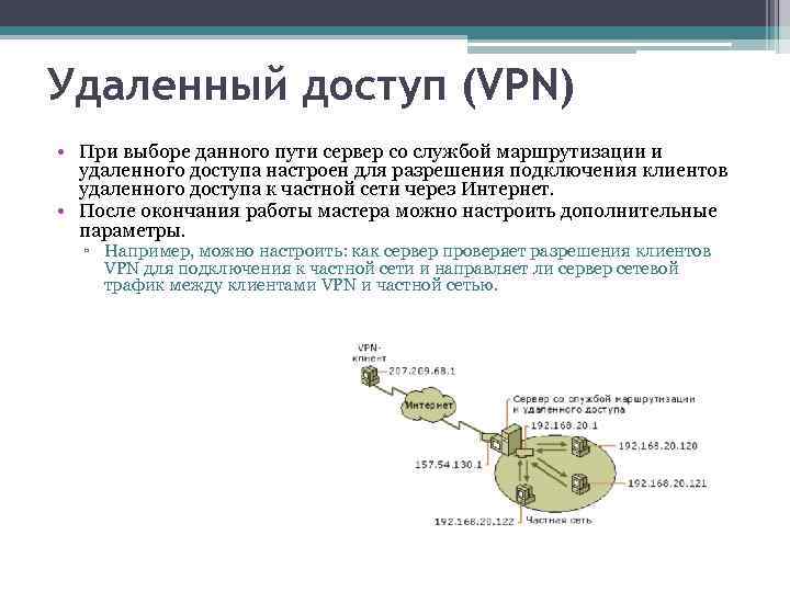 Удаленный доступ (VPN) • При выборе данного пути сервер со службой маршрутизации и удаленного