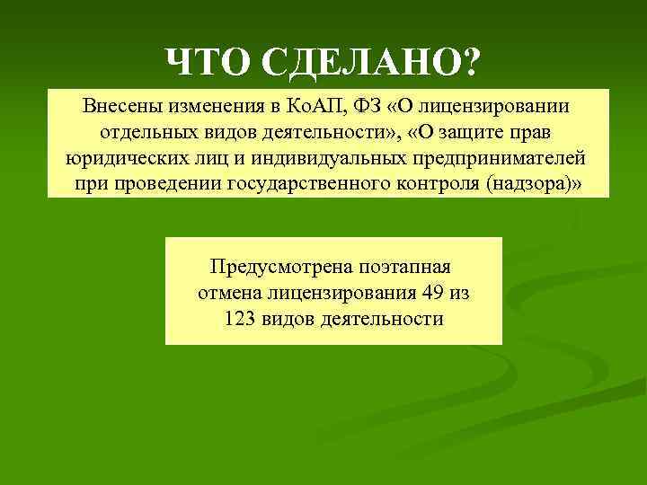 ЧТО СДЕЛАНО? Внесены изменения в Ко. АП, ФЗ «О лицензировании отдельных видов деятельности» ,
